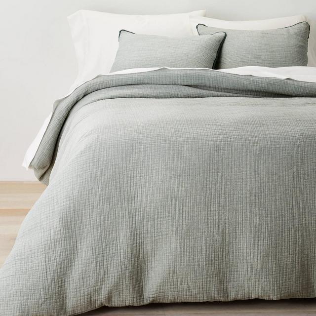 King Textured Chambray Cotton Duvet Cover & Sham Set Dark Teal Blue - Casaluna™