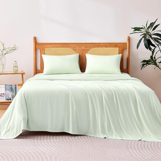 Amazon Basics Cooling Sheets, 4 Piece 100% Recycled Polyester Bed Sheet Set for Hot Sleepers, Breathable, 15-Inch Deep Pocket, Queen, Aloe Green