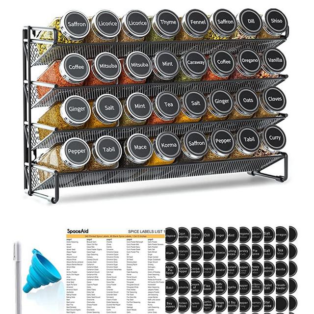 SpaceAid Spice Rack Organizer with 32 Spice Jars, 386 Spice Labels, Chalk Marker and Funnel Set for Cabinet, Countertop, Pantry, Cupboard or Door & Wall Mount - 32 Jars, 15.3"W × 10.8"H