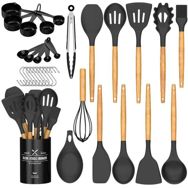Umite Chef Kitchen Cooking Utensils Set, 33 pcs Non-stick Silicone Cooking Kitchen Utensils Spatula Set with Holder, Wooden Handle Silicone Kitchen Gadgets Utensil Set (Black Gray)