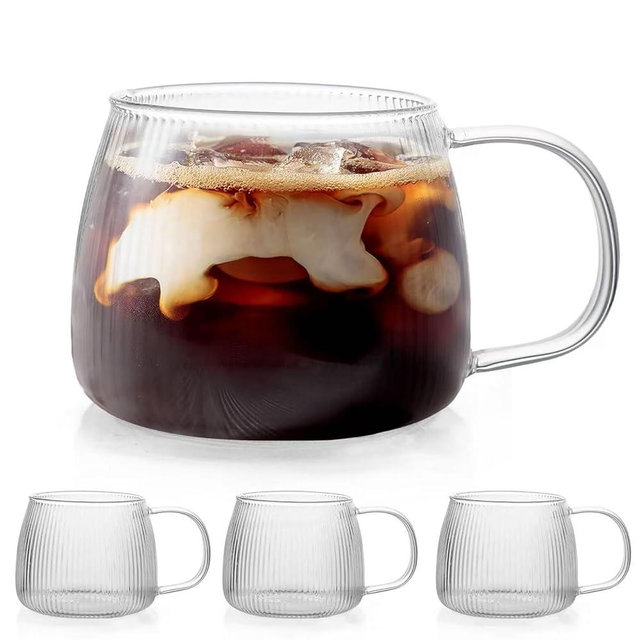 4 PACK Premium Glass Coffee Mugs with Handle, Classic Vertical Stripes Glass 12 OZ Coffee Cups, Transparent Tea Cup for Hot/Cold Drink, Glassware Set for Beverages, Latte, Cappuccino, Americano