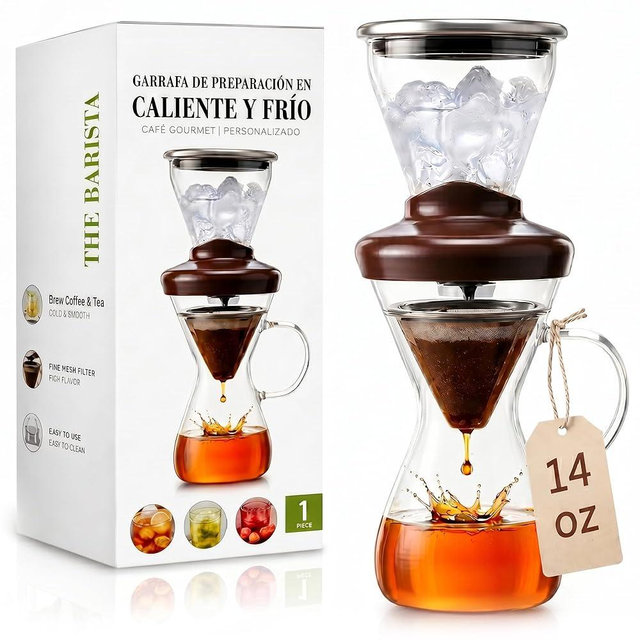 Blue Horizon Hot & Iced Coffee Maker 14oz – Pour Over Coffee Dripper with Temperature Resistant Glass Carafe & Stainless Steel Reusable Filter, Single Serve Cold Coffee & Hot Tea Brewer