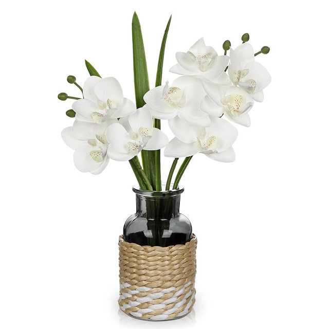 White Orchids Artificial Flowers with Vase, Small Faux Orchid Arrangement Fake Flower in Woven Glass Vase Black and White Decor Small White Centerpieces for Kitchen Dining Room Tables Bathroom Decor