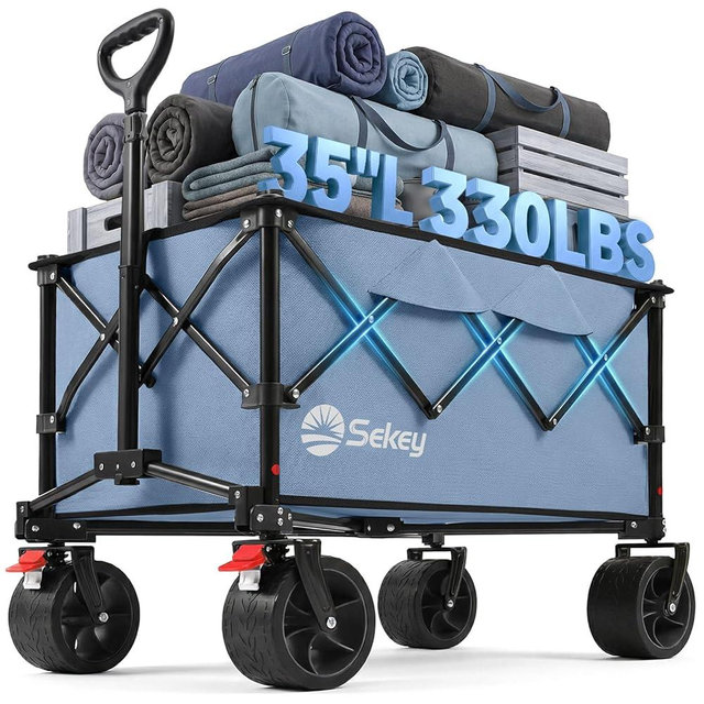 Sekey 150L Wagons Carts Foldable with Big All-Terrian Beach Wheels, Collapsible Heavy DutyWagon, Extra Large Folding Wagon,Foldable Wagon for Camping, Garden, Sports. Blue