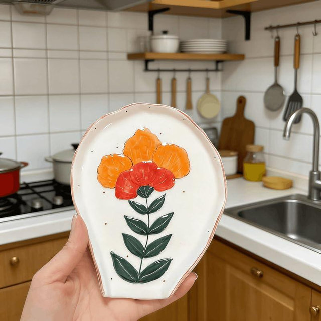 ANLYAWX Hand-Painted Floral Ceramic Spoon Rest - Flower-Shaped Stove Top Holder & Jewelry Tray, Multifunctional Kitchen Decor & Unique Gift for Coffee Lovers & Home Chefs