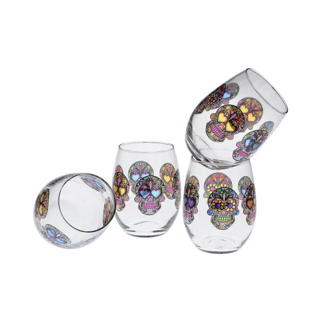 Culver Sugar Skull Stemless Wine Glass 15-Ounce Set of 4