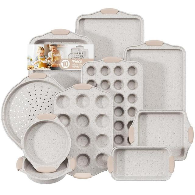 10-Piece Baking Pans Set Nonstick, Stackable Bakeware, Toxin-Free Baking Pans Set with Silicone Handles, Includes Cookie Sheets, Cake Pan, Loaf Pan, Pizza Pan, Muffin Pan, White&Khaki