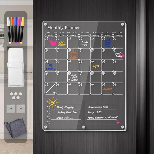 Acrylic Magnetic Fridge Calendar 2024, Clear Dry Erase Board Calendar for Refrigerator & Wall, 2in1 Vertical Monthly Calendar To Do Grocery List Board, Calendar WhiteBoard Kitchen Planner Board(White)