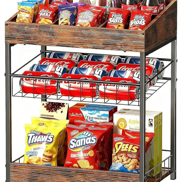 Kssiaz Candy Display Rack, 3 Tier Snack Rack Display for Countertop, Snack Organizer for Pantry, 6 Adjustable Compartment, Retail Display Shelf for Kitchen, Counter, Office, Brown