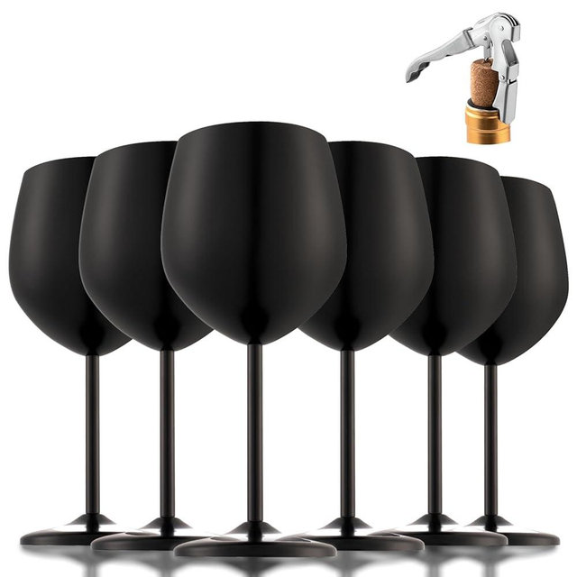 UNISWEET Stainless Steel Wine Glasses, Unbreakable Matte-Black Wine Glass 18 oz Unique Metal Wine Goblets for Outdoor, Travel, Camping, Pool, Ideal Gift for Wine Lovers (6 cups + 1 bottle opener)