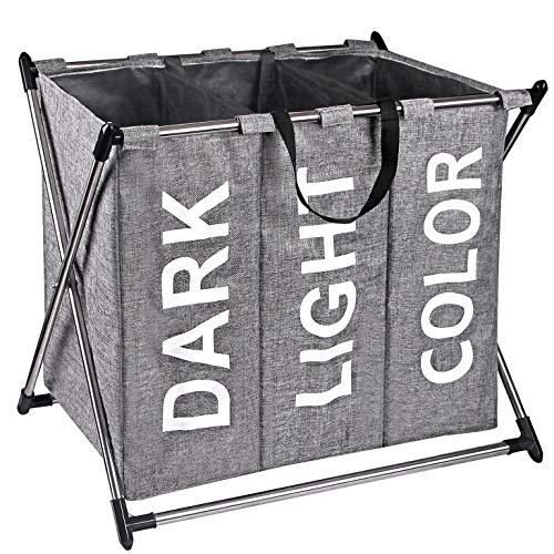 X-cosrack Laundry Hamper Sorter - Stainless Steel X-Frame Basket with 3 Section, Thick Cotton & Linen, Mesh Bundle Pocket with Handles for Home, Collapsible, Grey