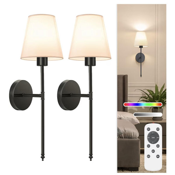 NIORSUN Battery Operated Wall Sconce Set of Two, Black Rechargeable Wall Sconces with Dimmable Detachable Bulbs and Remote, Wireless Wall Lights for Bedroom Living Room Hallway Home Decor