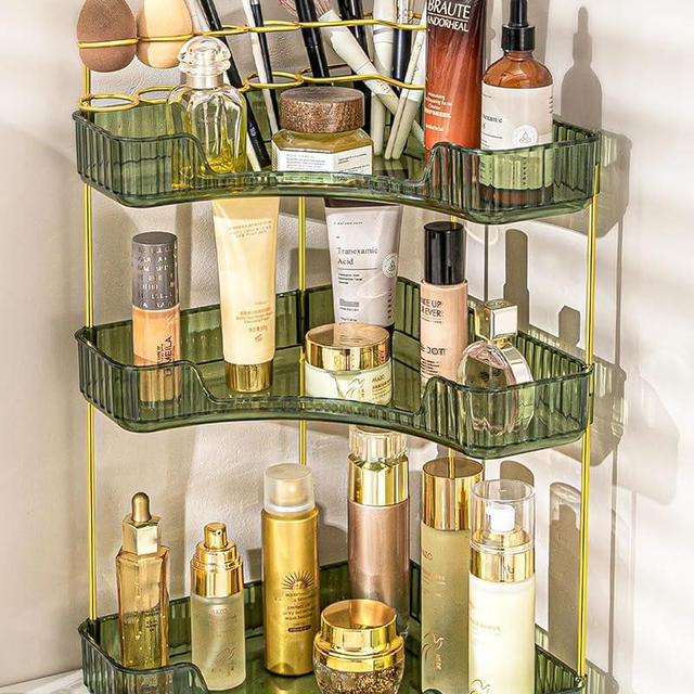 NATURE'S SOURCE Makeup Organizer for Vanity, 3-Tier Corner Bathroom Organizer Countertop with Makeup Brush Holder, Corner Counter Storage for Bathroom Dresser- Green