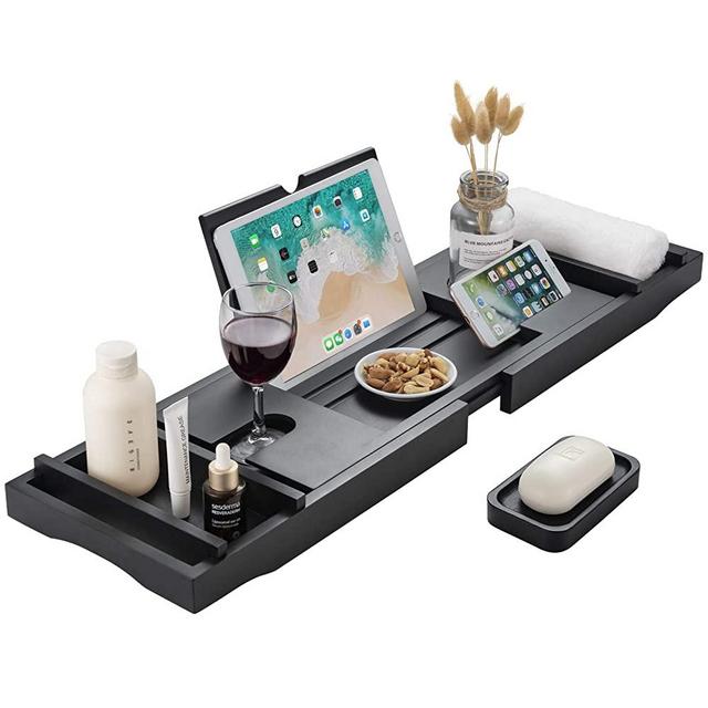 HB-life Bathtub Caddy Tray [Durable, Non-Slip], One or Two Person Bath and Bed Tray, Extending Sides Fits Any Tub, Cellphone iPad and Wineglass Holder, Free Soap Holder