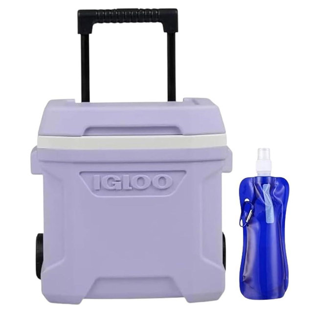 K-Tech USA IgIoos Cooler Hard-Sided Ice Chest, Portable Insulated Cooler with Wheels, Telescoping Handle, Cool Riser Tech, Leak-Resistant with Collapsible Bottle (Lilac) - Bottle