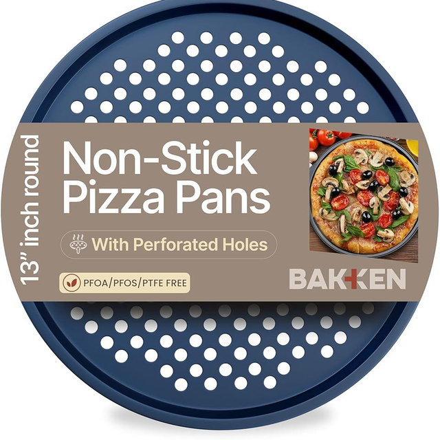 Bakken Pizza Baking Pan - Round Perforated Carbon Steel Pan with Non-Stick Marble Coating, Oversized Silicone Handle, Dishwasher Safe, High-Temperature Resistant, Durable & Easy Cleanup - Blue, 1 Tray