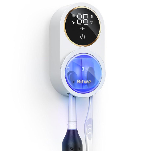 Bitvae Tooth Brush Holder for Bathroom, Infrared Sensing Toothbrush Cleaner, Wall-Mounted for Most Size Toothbrushes, Air Drying, LED Smart Screen, White Gold Trim