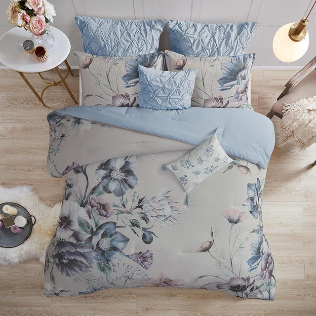 Madison Park Cassandra Cotton Blend Comforter Set - Feminine Design Colorful Floral Print, All Season Down Alternative Bedding Layer and Matching Shams, California King (104 in x 92 in), Blue 8 Piece