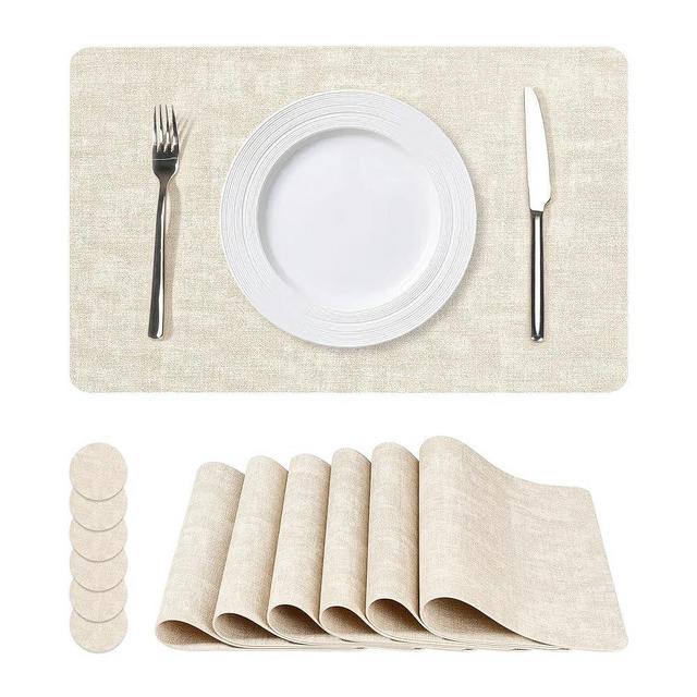Faux Leather Washable Vinyl Placemats Set of 6, Waterproof and Heat Resistant Place Mats, Anti-Slip Table Mats with Coaster, Wipeable Placemats for Indoor & Outdoor 17" x 12" (Beige, Set of 6)