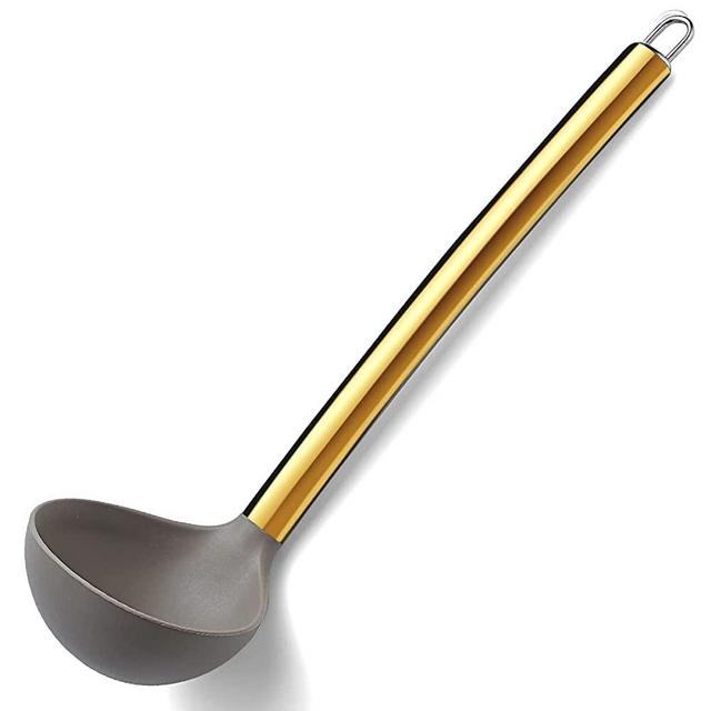 Gold Ladle, Berglander Non-stick Silicone Kitchen Ladle With Titainium Gold Plating handle, Soup Ladle, Cooking Ladle Soup Spoon For Cooking, Dishwasher Safe, Easy to Clean