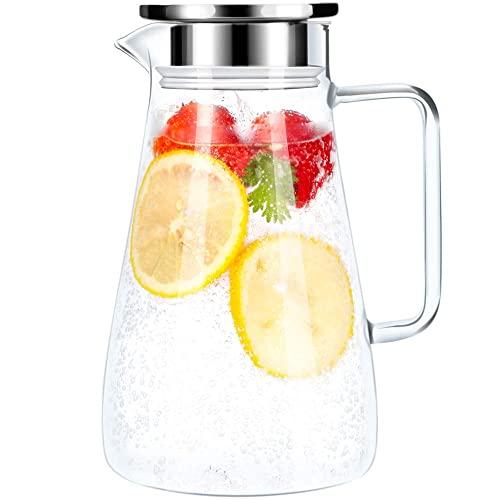 52 Ounces Borosilicate Glass Pitcher with Handle - Heat Resistant Water Carafe with Stainless Steel Lid - Large Beverage Pitcher for Homemade Juice and Iced Tea