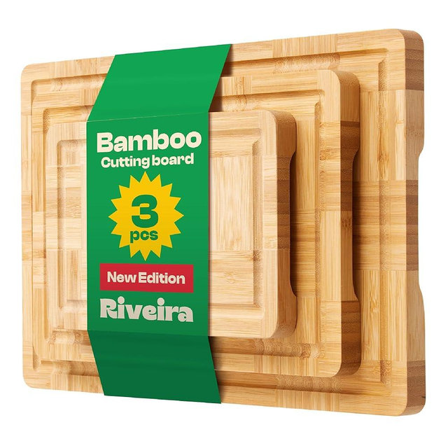 Riveira Bamboo End Grain Wood Cutting Board – Versatile And Durable: Set Of 3 Pcs Wooden Cutting Board – Natural Wooden Cutting Boards For Kitchen Set – Complete Bamboo End Grain Cutting Board