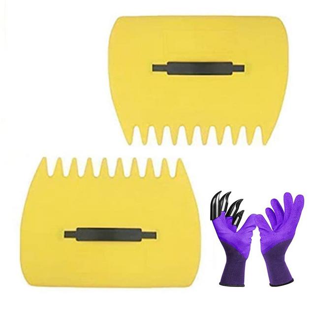 Garden and Yard Leaf Scoops Hand Rakes, Large Sized, Multiple Use for Leaves, Lawn Debris and Trash Pick Up +1 pair of garden gloves Debris and Trash Pick Up Yellow-1