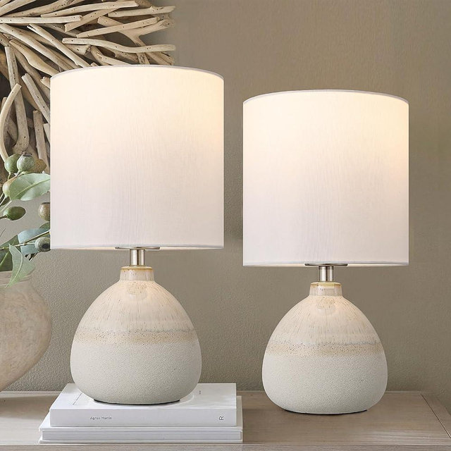 Set of 2 Ceramic Table Lamp for Bedroom, Small Table Lamp with White Shade & Farmhouse Ceramic Base, Side Table Lamp for Living Room, Button Switch Bedside Nightstand Lamp for Table Desk,Study Room
