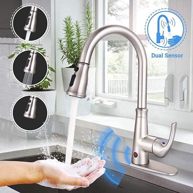 Kitchen Faucet, Dalmo DAKF5F Brushed Nickel Plating Touchless Kitchen Faucet with Fingerprints Resistant, Single Handle Sensor Sink Faucet with 3 Modes Pull Down Sprayer, Metal Deck Plate