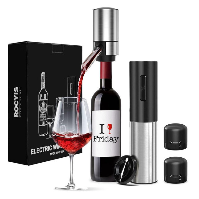Rocyis Wine Gifts-Electric Wine Opener and Aerator Set-Wine Dispenser Battery Operated, Rechargeable Wine Bottle Opener & Pourer with Foil Cutter, Vacuum Stoppers