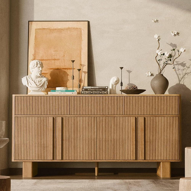 ALLHOMWIE 63" Wide Sideboard Buffet Cabinet with Storage, Modern Buffet with 3 Drawers and 4 Doors, Storage Cabinet with 2 Reinforced Legs for Kitchen, Living Room, Natural Oak