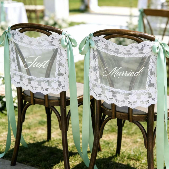 Personalized Sheer Lace Just Married Chair Sign for Bride & Groom, Wedding Chair Decor, Boho Chair Decor, Custom Wedding Chair Banners
