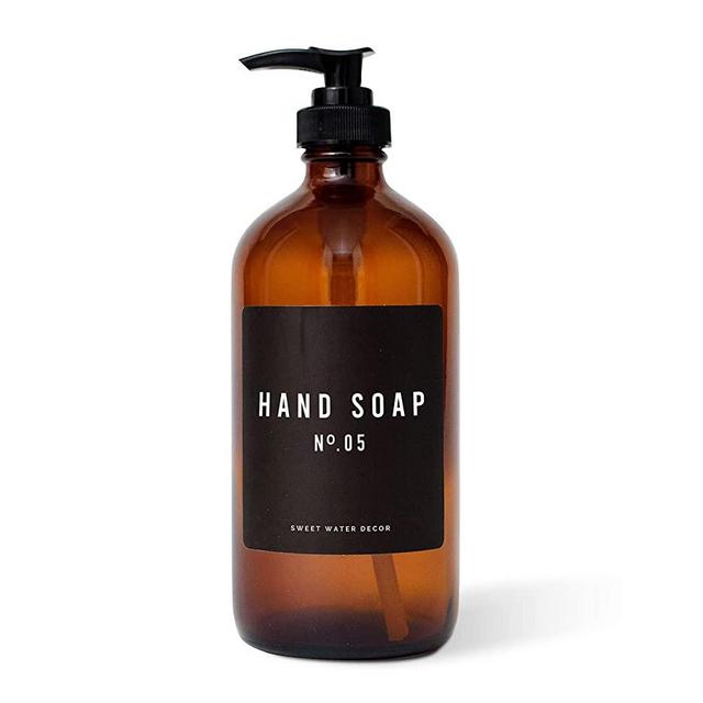 Sweet Water Decor Amber Glass Bottle Refill Soap Dispenser | Farmhouse Bathroom Label | 16 oz Refillable Soap Bottles (Hand Soap)