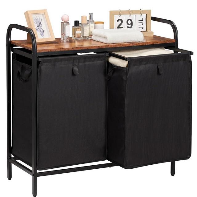 Azaeahom 2 Section Laundry Basket for Dirty Clothes Storage,Laundry Hamper with Shelf,2×13.2Gal,Laundry Sorter,Pull-Out Removable Laundry Bags for Laundry Room Organization and Storage,Brown