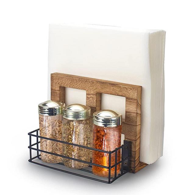 Rustic Wood Napkin Holder,Two-in-one storage for napkins and seasoning bottles