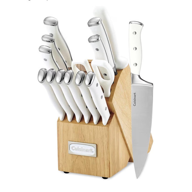 Cuisinart 15-Piece Knife Set with Block, High Carbon Stainless Steel, Forged Triple Rivet, White, C77WTR-15P