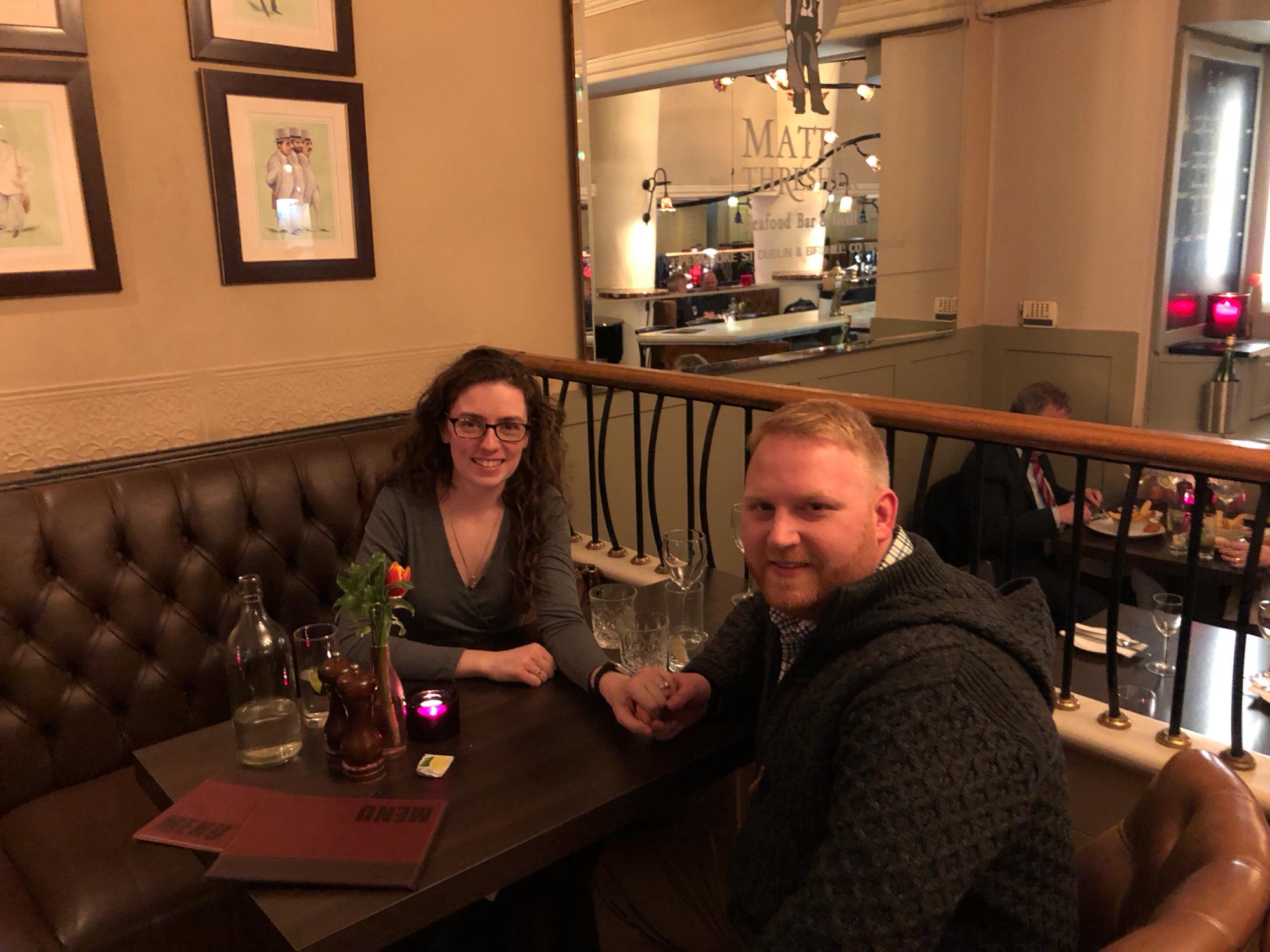 Celebrating our engagement at Matt the Thresher's in Dublin. They gave us the best seat in the house and every server stopped by to congratulate us!