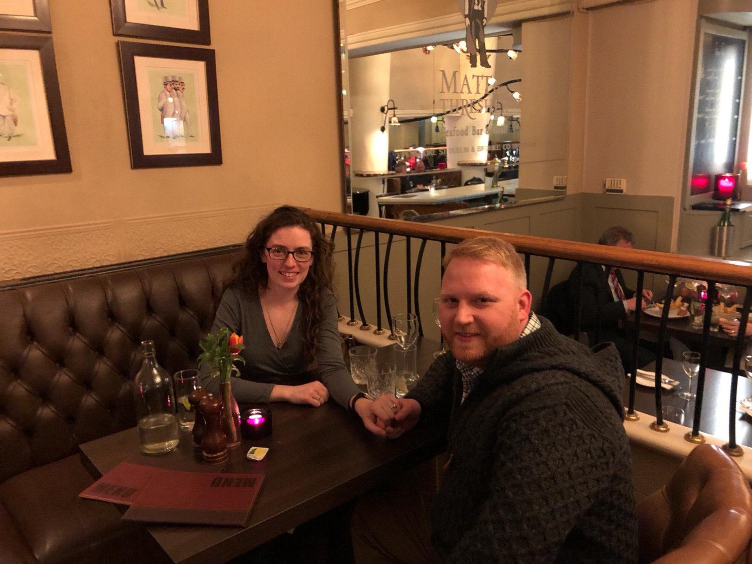 Celebrating our engagement at Matt the Thresher's in Dublin. They gave us the best seat in the house and every server stopped by to congratulate us!