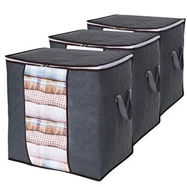 Lifewit Clothes Storage Bag 90L Large Capacity Organizer with Reinforced Handle Thick Fabric for Comforters, Blankets, Bedding, Foldable with Sturdy Zipper, Clear Window, 3 Pack, Grey