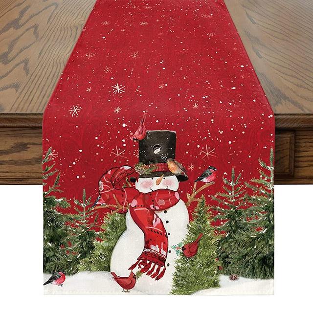 Artoid Mode Snowman Christmas Birds Trees Table Runner, Seasonal Winter Xmas Holiday Kitchen Dining Table Decoration for Indoor Outdoor Home Party Decor 13 x 72 Inch