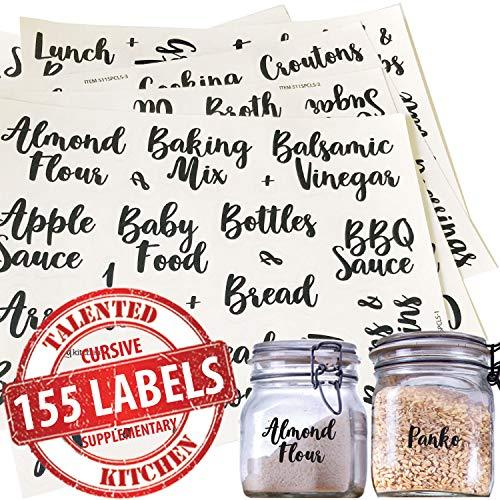 Talented Kitchen 155 Pantry Labels & Fridge – 155 Cursive Labels, Supplementary Ingredients – Food Jar Stickers Decal. Water Resistant Pantry Organization Storage (Set of 155– Non Main Cursive Pantry)