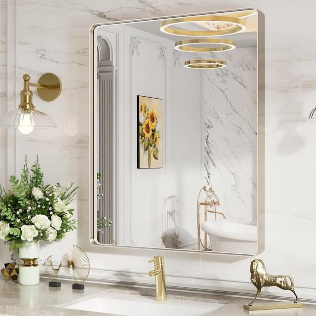 LOAAO 20X30 Inch Brushed Nickel Bathroom Mirror, Rounded Rectangle Silver Metal Frame Mirror, Brushed Nickel, Anti-Rust, Shatter Proof, Hangs Horizontally or Vertically