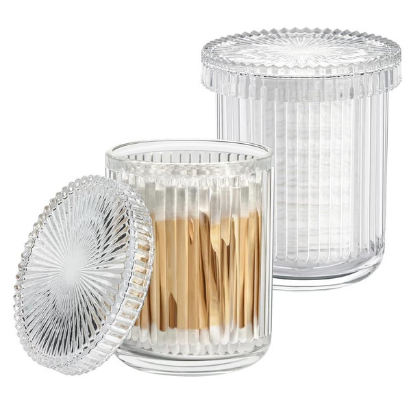 Glass Qtip Holder with Lid,Bathroom Organizer and Storage Jars - Apothecary Jars for Cotton Balls, Cotton Swabs,Pads,Floss Picks,Vanity Organizer,Bathroom Accessories and Countertop Storage Canisters