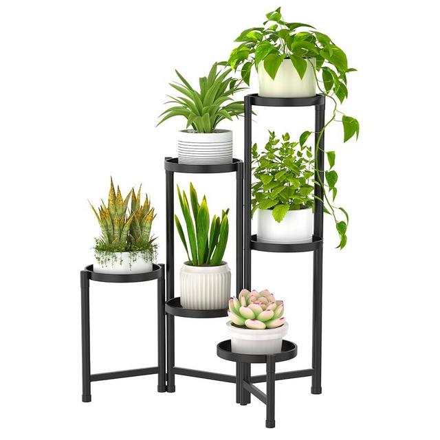 Msoesticc.dl 6 Tier Metal Plant Stand Tall Indoor Outdoor, Foldable Corner Plant Shelf for Multiple Plants, Tiered Flower Pot Stand Display Rack for Corner Balcony Garden Patio Living Room(Black)