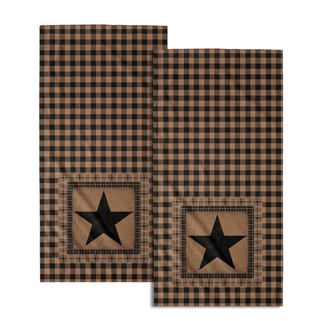 Vintage Western Texas Star Hand Towels for Bathroom Set of 2, Primitive Black Brown Decorative Buffalo Plaid Farmhouse Small Bath Towel Kitchen Dish Guest Towel for Home Spa Hotel 14.4 x 28.3 Inch