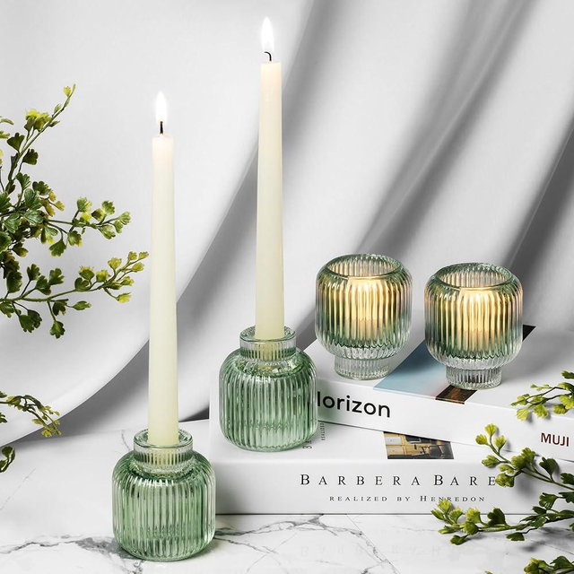 Reversible Glass Candlestick Holders - Set of 4 Candle Sticks Holder Decor for Table and Wedding - Candle Holders for Candlesticks - Green Candle Holder