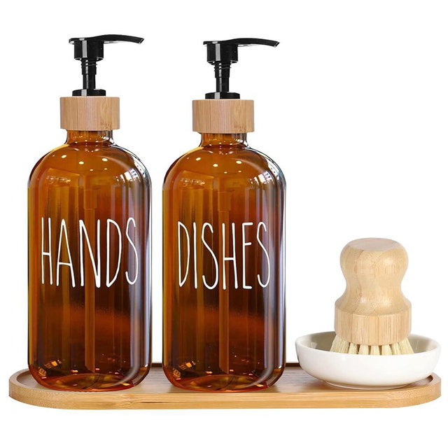 Hand and Dish Soap Dispenser Set, Hand Soap Dispenser for Kitchen, Glass Soap Dispenser with Tray and Bamboo Dish Brush, Kitchen soap Dispenser 16oz, Rustic Kitchen Decor (Amber & Amber)