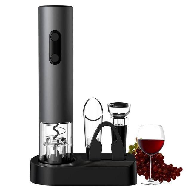 COKUNST Electric Wine Opener, 4-in-1 Wine Bottle Opener Set with Base, Cordless Automatic Battery Operated Corkscrew with Foil Cutter, Wine Pour, Vacuum Stoppers, Gift for Home Party, Staninless Steel