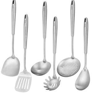 18/10 Stainless Steel Kitchen Utensils Set, 6 PCS All Metal Professional Cooking Utensils, 15" Long Kitchen Tools - Spatula, Ladle, Skimmer Spoon, Pasta Serve, Large Spoon, Slotted Spatula Tunner