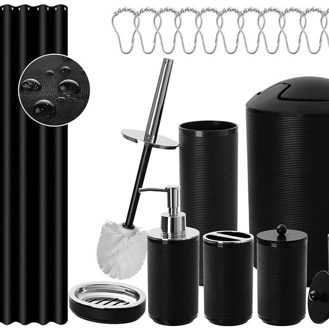 Kasunting Black Bathroom Accessories Sets with Shower Curtain, 20 Pcs Bath Accessory Set Complete with Trash Can, Plastic Ribbed Soap Dispenser and Toothbrush Holder Set Toilet Brush Holder
